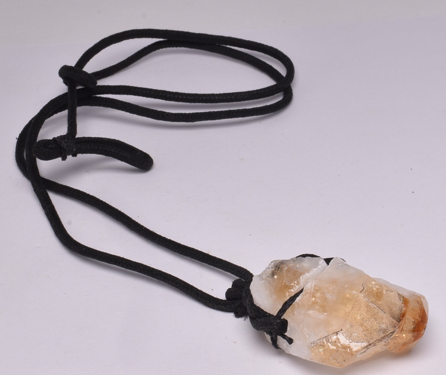 CITRINE NATURAL POINT PENDANT ON LEATHER LOOK NECKLACE J22