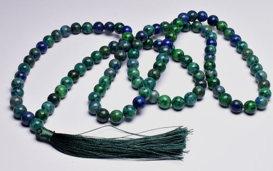 MALACHITE AND AZURITE CRYSTAL MALA BEADS J256