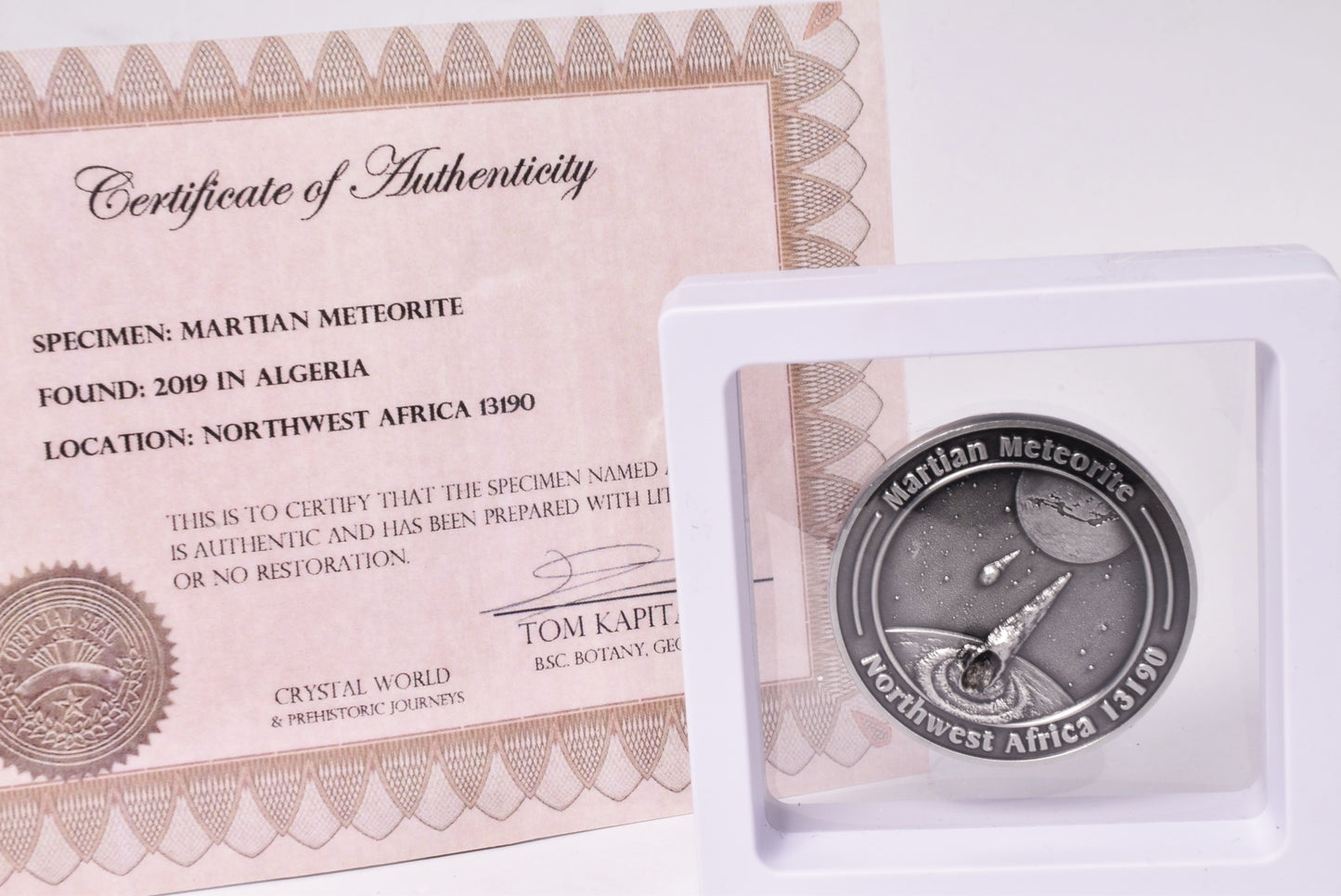 MARTIAN METEORITE in COLLECTORS COIN, NORTH WEST AFRICA 13190 MT142