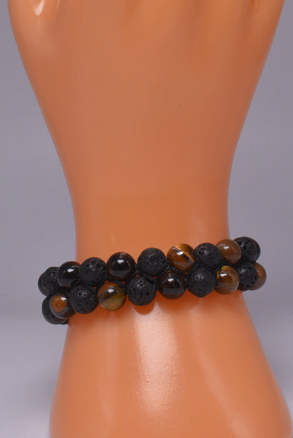 TIGER EYE AND LAVA STONE POLISHED BEADED CRYSTAL BRACELET J193