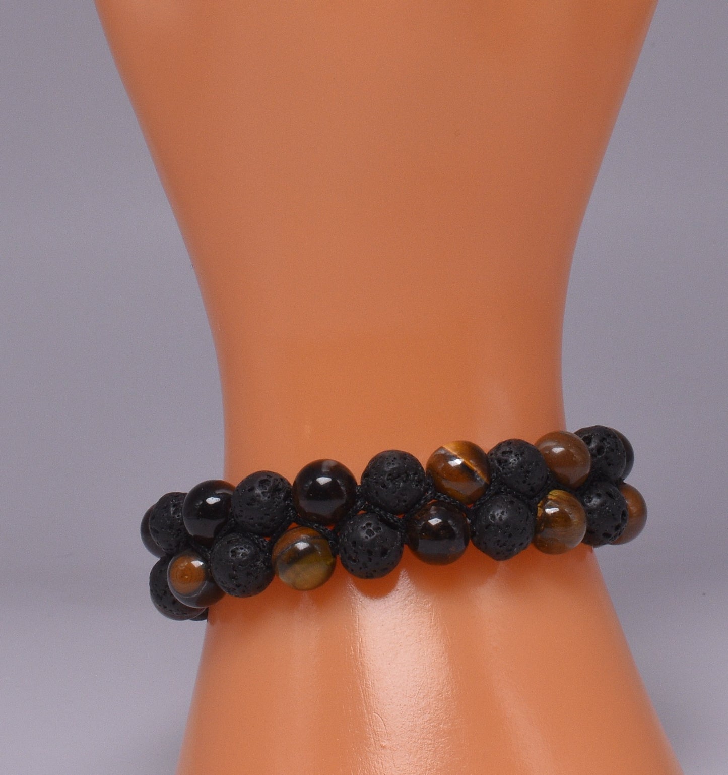 TIGER EYE AND LAVA STONE POLISHED BEADED CRYSTAL BRACELET J193