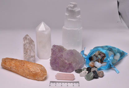 MIXED PACK, AMETHYST, SELENITE, FAIRY MIX, QUARTZ, ROSE QUARTZ, CRACKLED QUARTZ P494