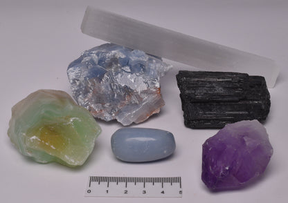 BLUE CALCITE, GREEN CALCITE, SELENITE ROD, TOURMALINE, AMETHEYST POINT AND ANGELITE P803